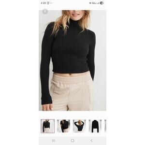 Aerie Black Waffle Knit Mockneck Longsleeve Crop Top